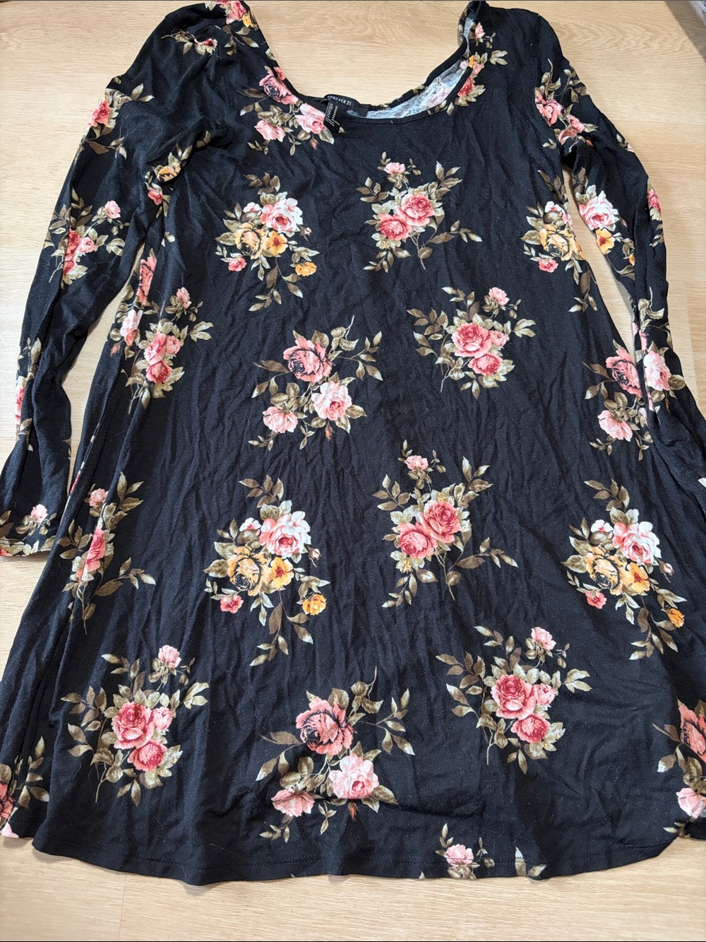 Black Floral Boat Neck Long Sleeve Swing Dress